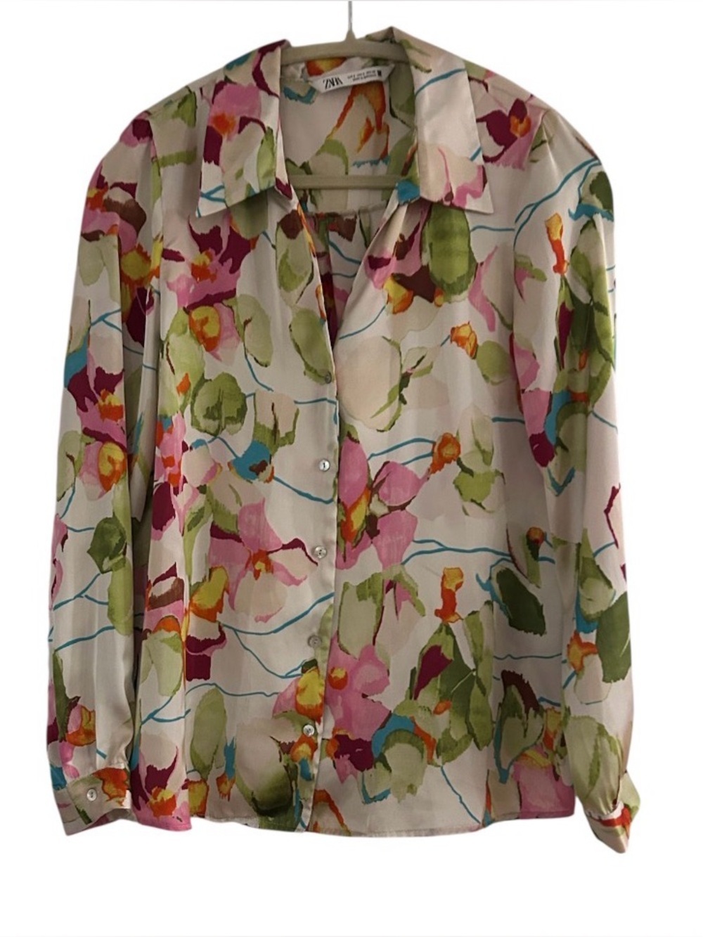 Zara Satin Style Long Sleeve Button Front Blouse Size Small Cream Multicolor